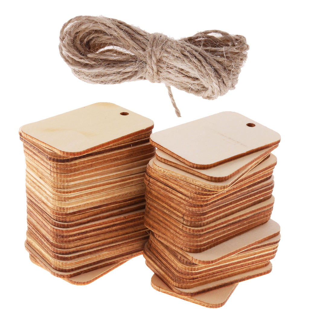 50 Pcs Wooden Rectangle Craft Shape Tag Embellishment for Craft with Rope