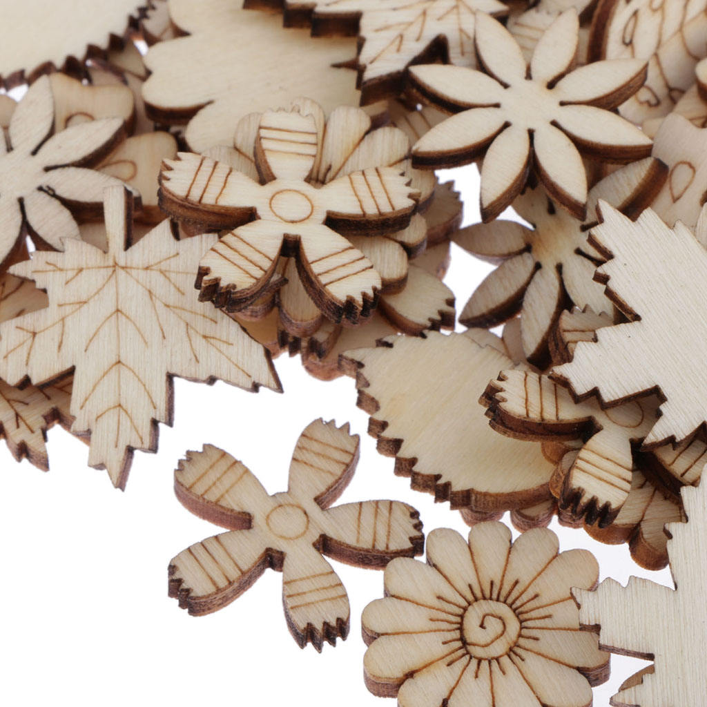 100 Pieces of Flowers And Leaves DIY Wood Discs Pieces of Wood Labels