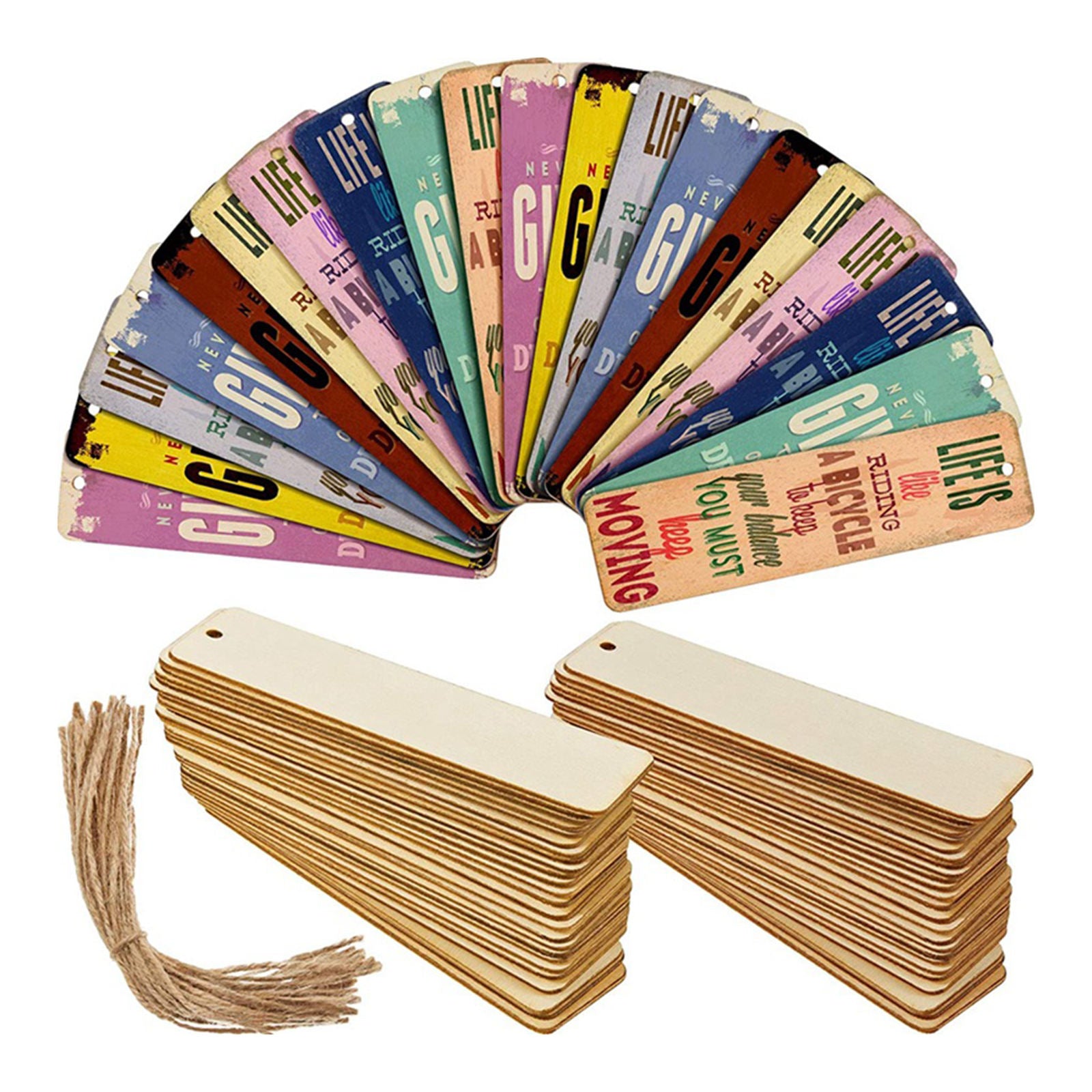 36Pcs Rectangle Wood Bookmarks with Holes Hanging Gift Tags with Ropes