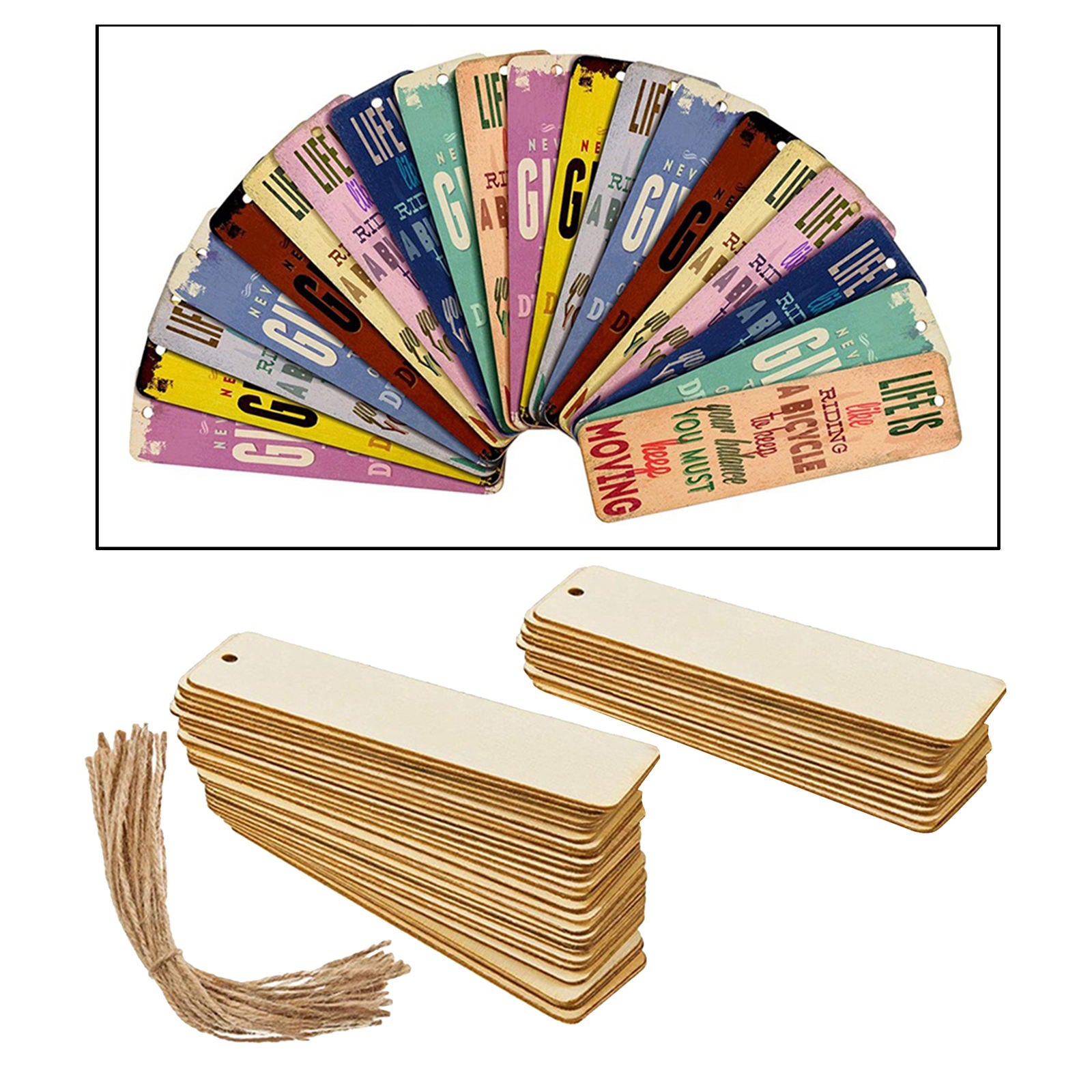 36Pcs Rectangle Wood Bookmarks with Holes Hanging Gift Tags with Ropes