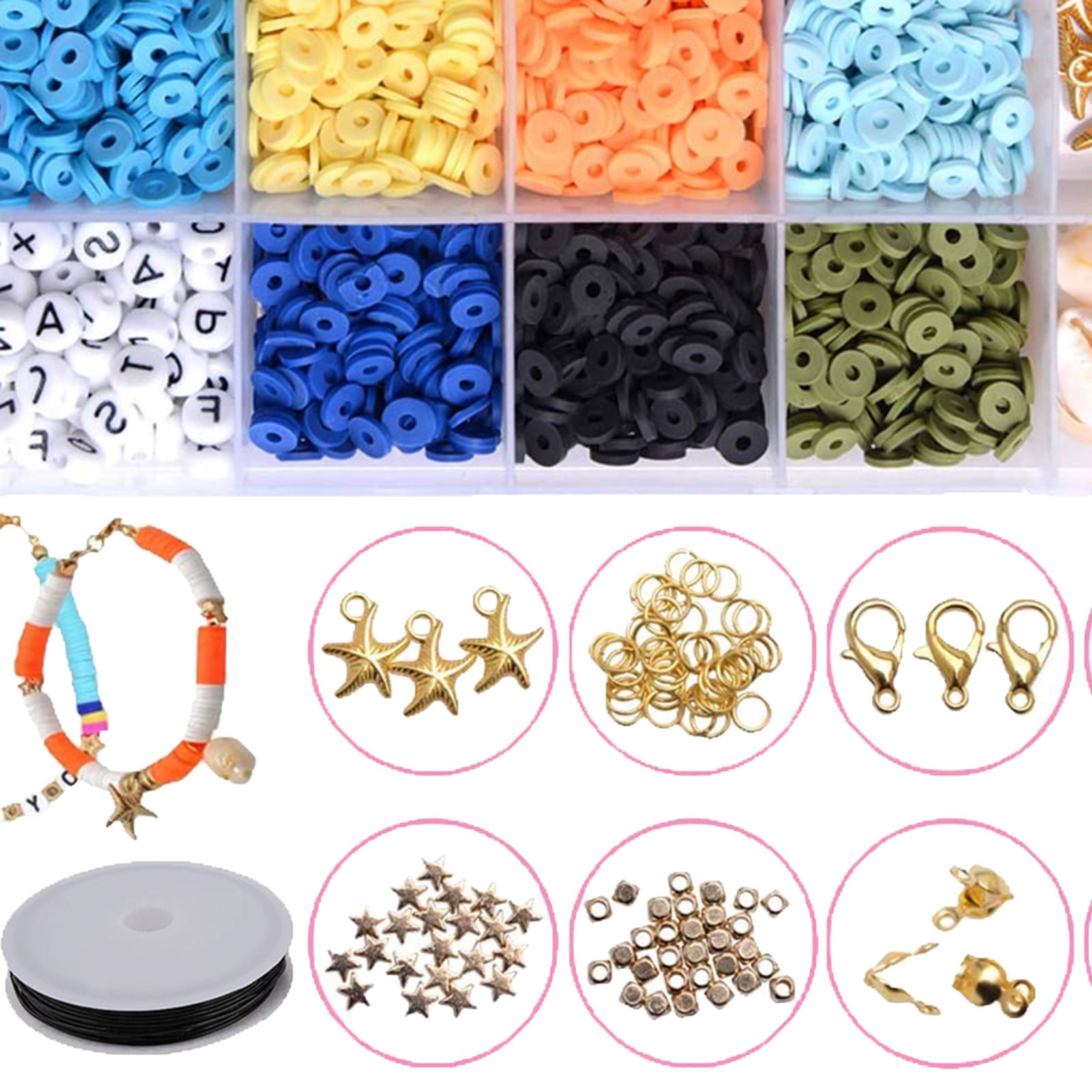 Assorted Polymer Clay Beads Loose DIY Bracelets Jewelry Making Finding Tools