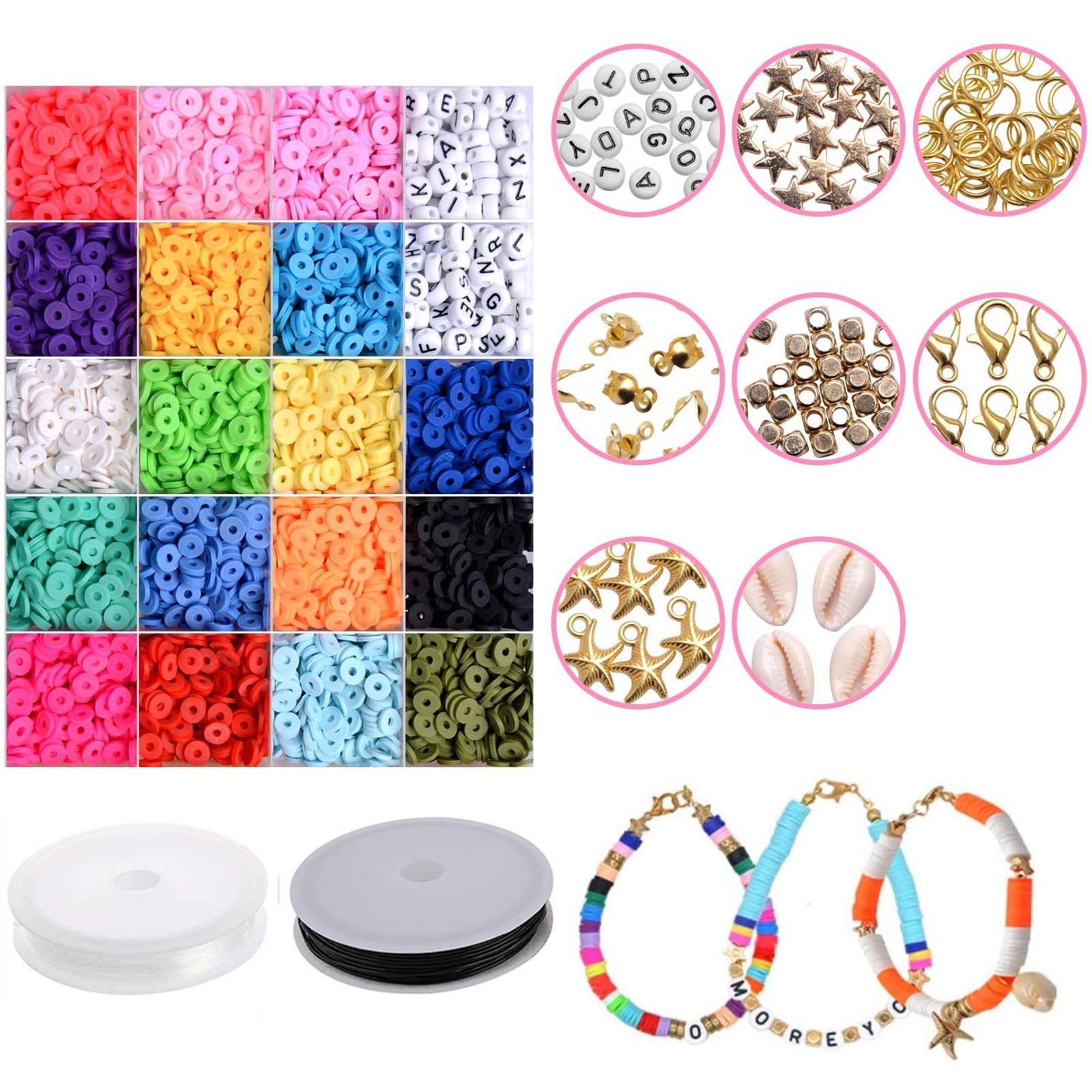 Assorted Polymer Clay Beads Loose DIY Bracelets Jewelry Making Finding Tools