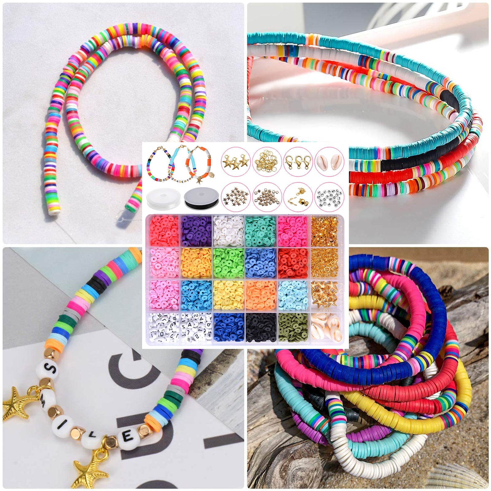 Assorted Polymer Clay Beads Loose DIY Bracelets Jewelry Making Finding Tools
