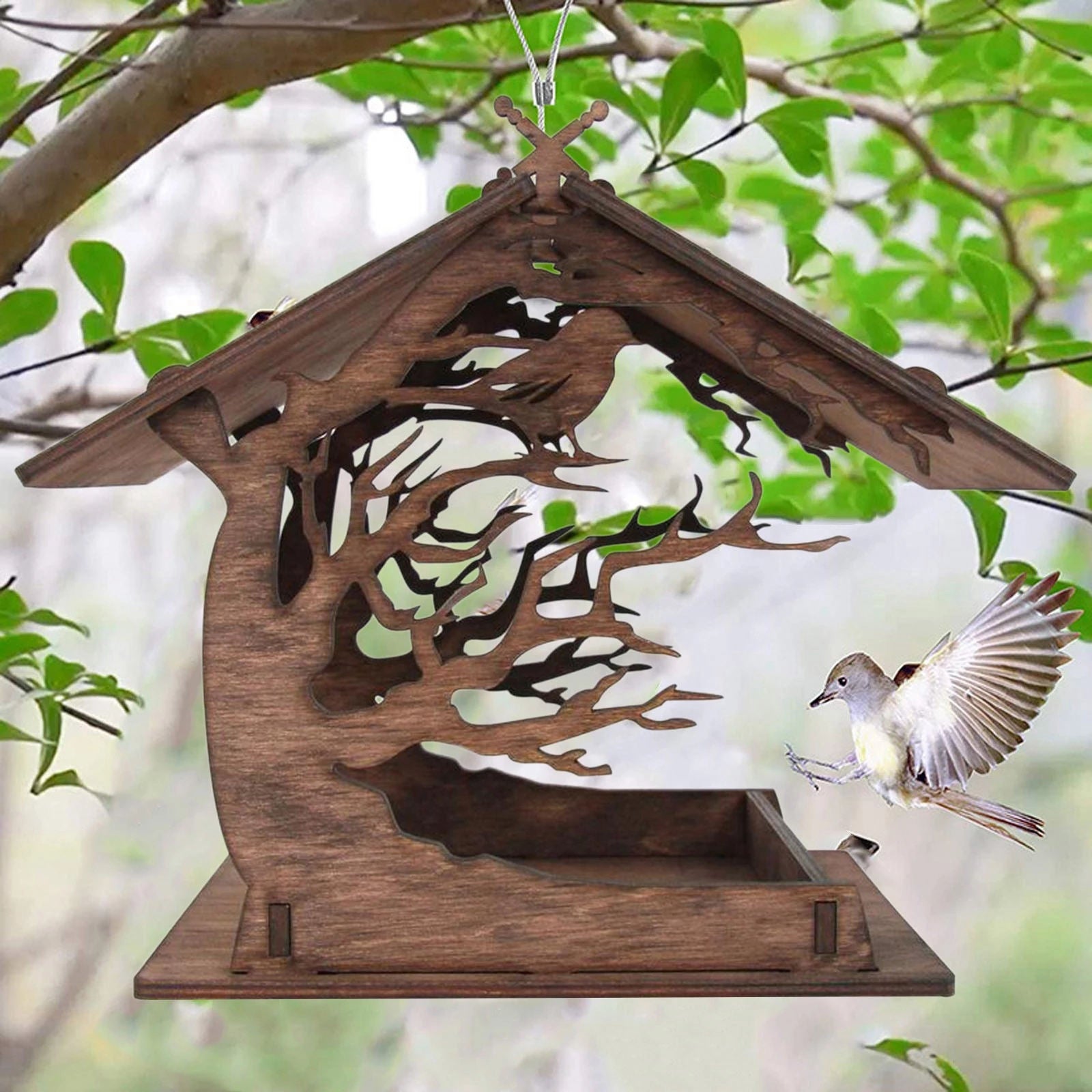 Handmade Wood Bird Feeder Attractive Hanging Balcony Ranch Villa Decor Gifts
