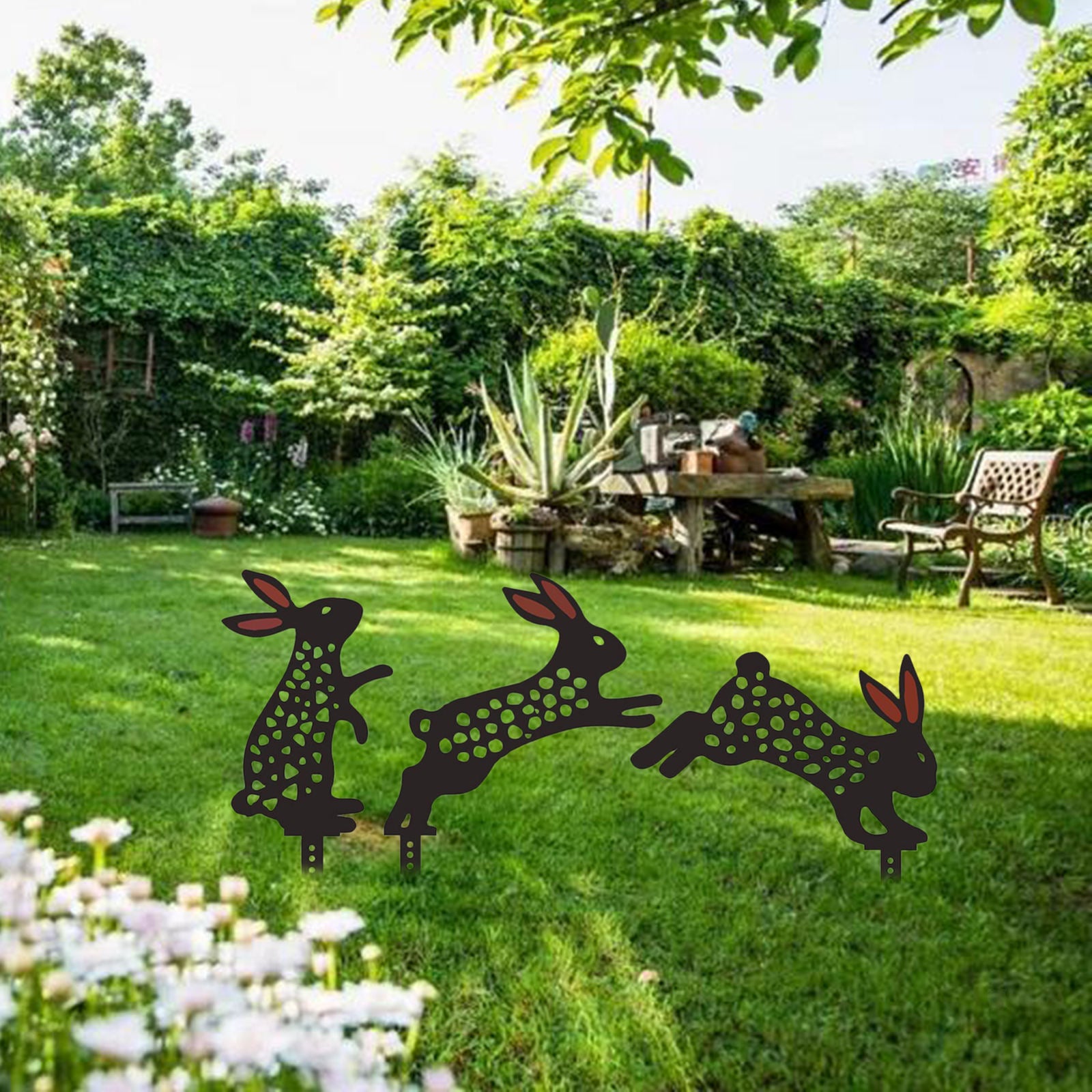 3Pcs Rabbit Stakes Animal Silhouette Floral Cute Stake for Yard Ornaments