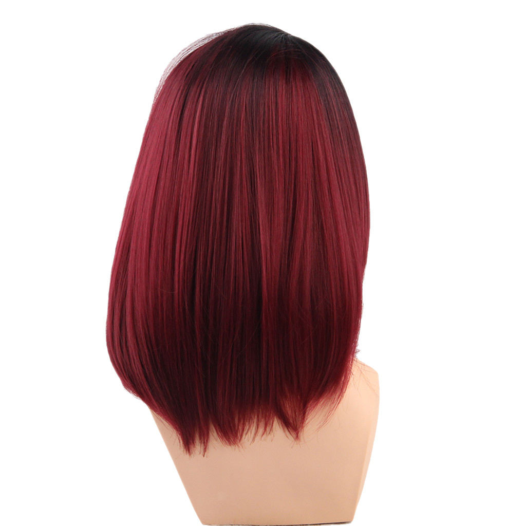 Women Synthetic Medium Gradient Black Red Ombre Straight Partial Hair Wigs