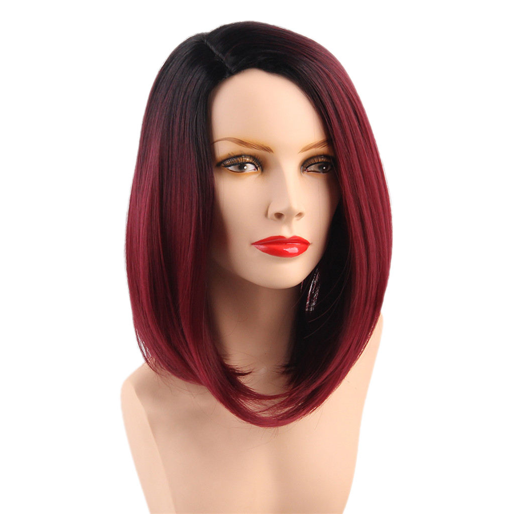 Women Synthetic Medium Gradient Black Red Ombre Straight Partial Hair Wigs