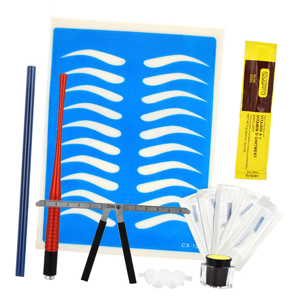 Permanent Makeup Kit Ruler Tattoo Pen Needle Practice Skin Ink Glue Ring Set Red
