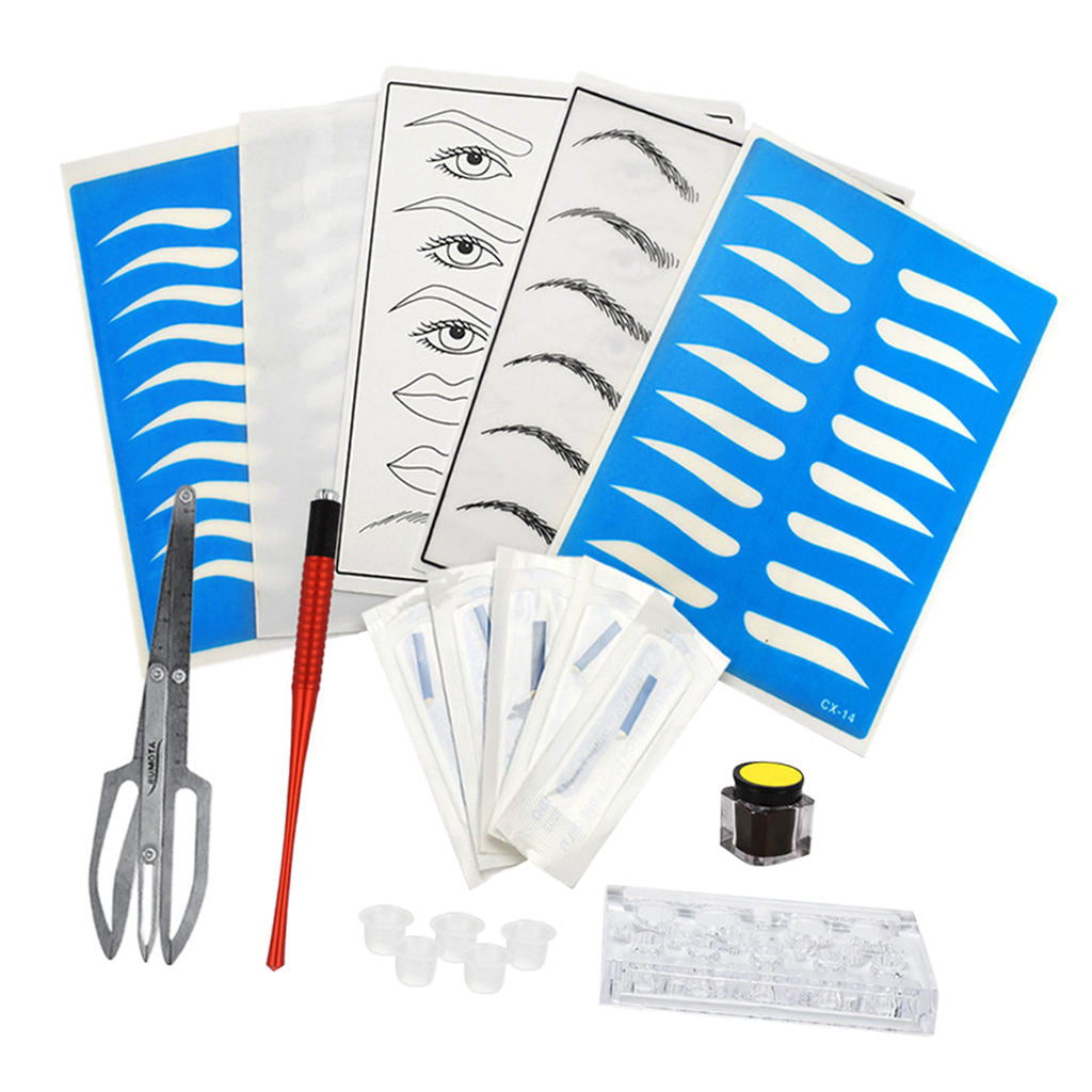Eyebrow Tattoo Kit Microblading Needles Pen Pigment Ink Cups Practice Skin  Red
