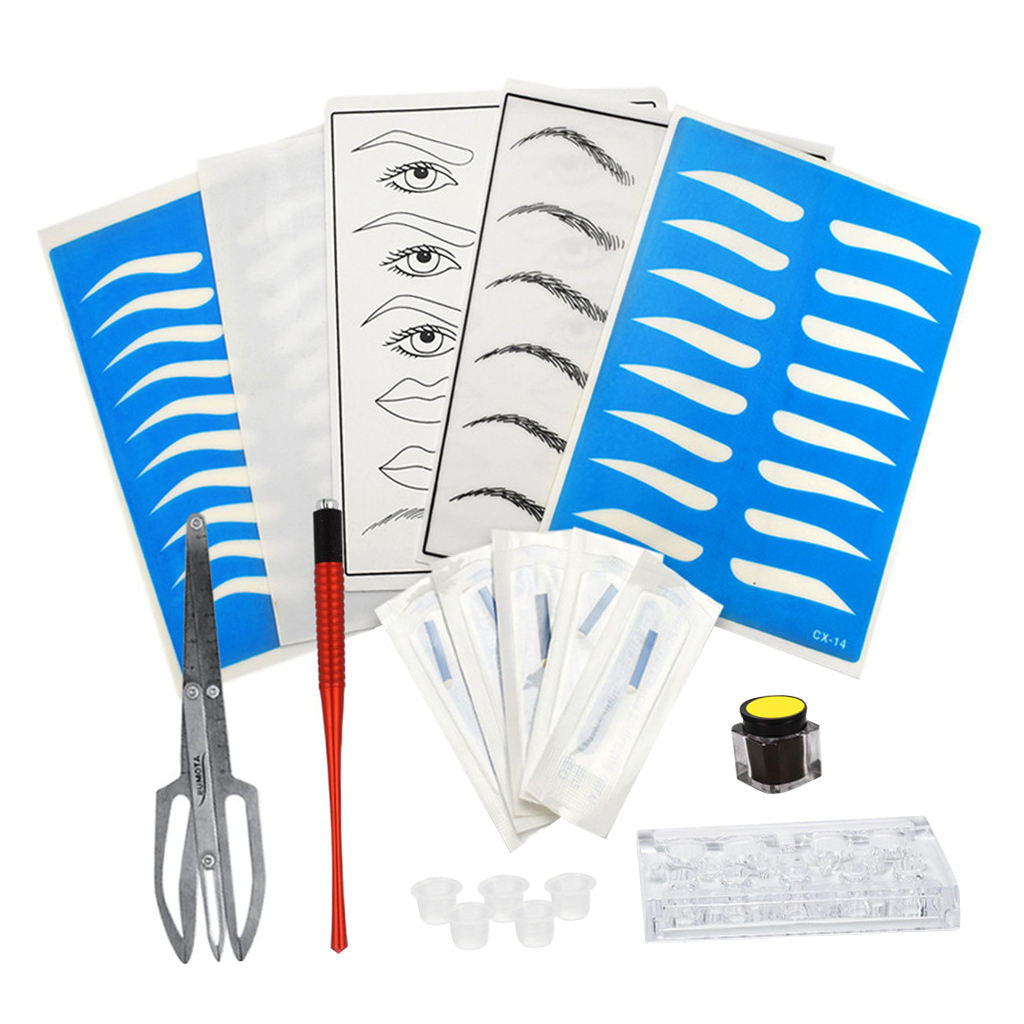 Eyebrow Tattoo Kit Microblading Needles Pen Pigment Ink Cups Practice Skin  Red