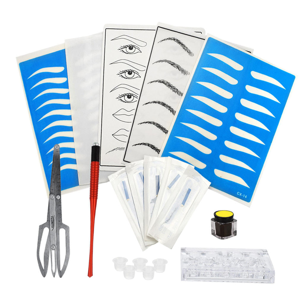 Eyebrow Tattoo Kit Microblading Needles Pen Pigment Ink Cups Practice Skin  Red