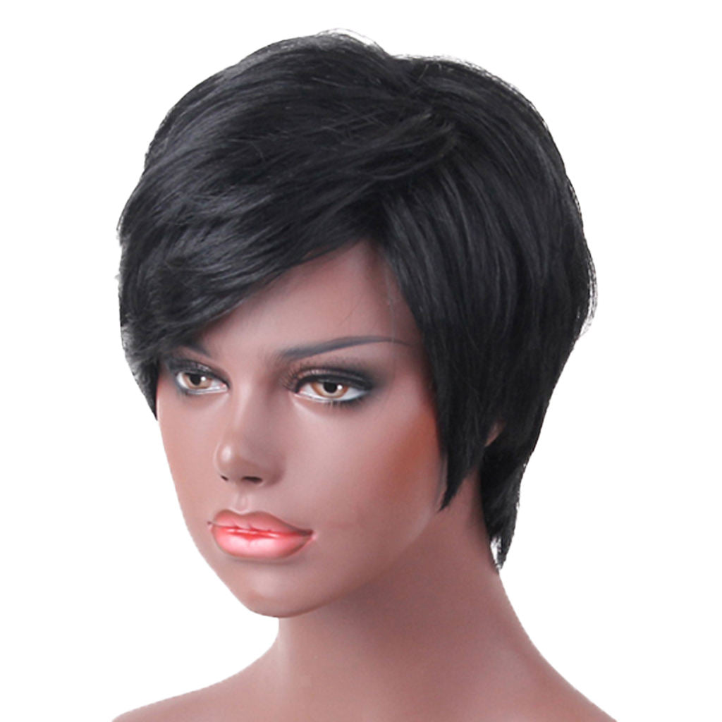 Human Hair Short Pixie Cut Wig Straight Oblique Bangs Full Wig Breathable