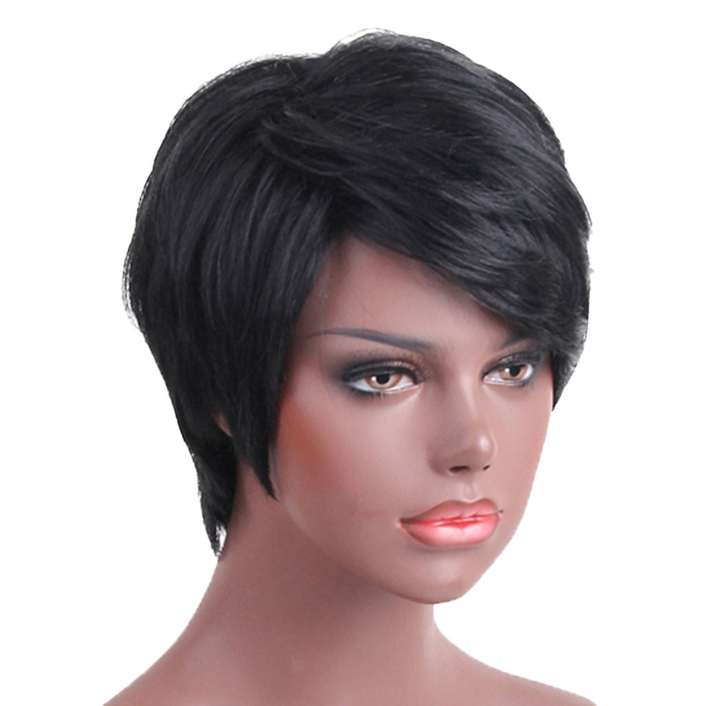Human Hair Short Pixie Cut Wig Straight Oblique Bangs Full Wig Breathable