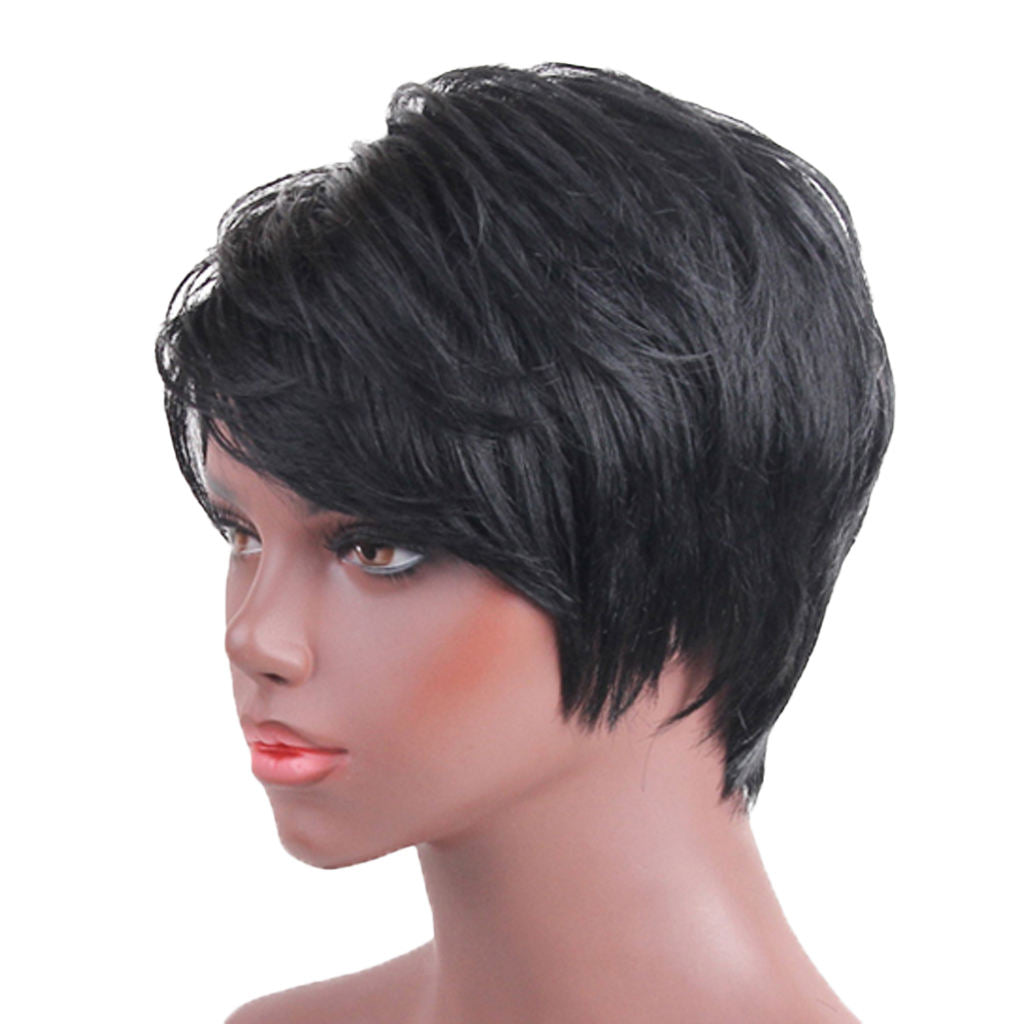 Human Hair Short Pixie Cut Wig Straight Oblique Bangs Full Wig Breathable