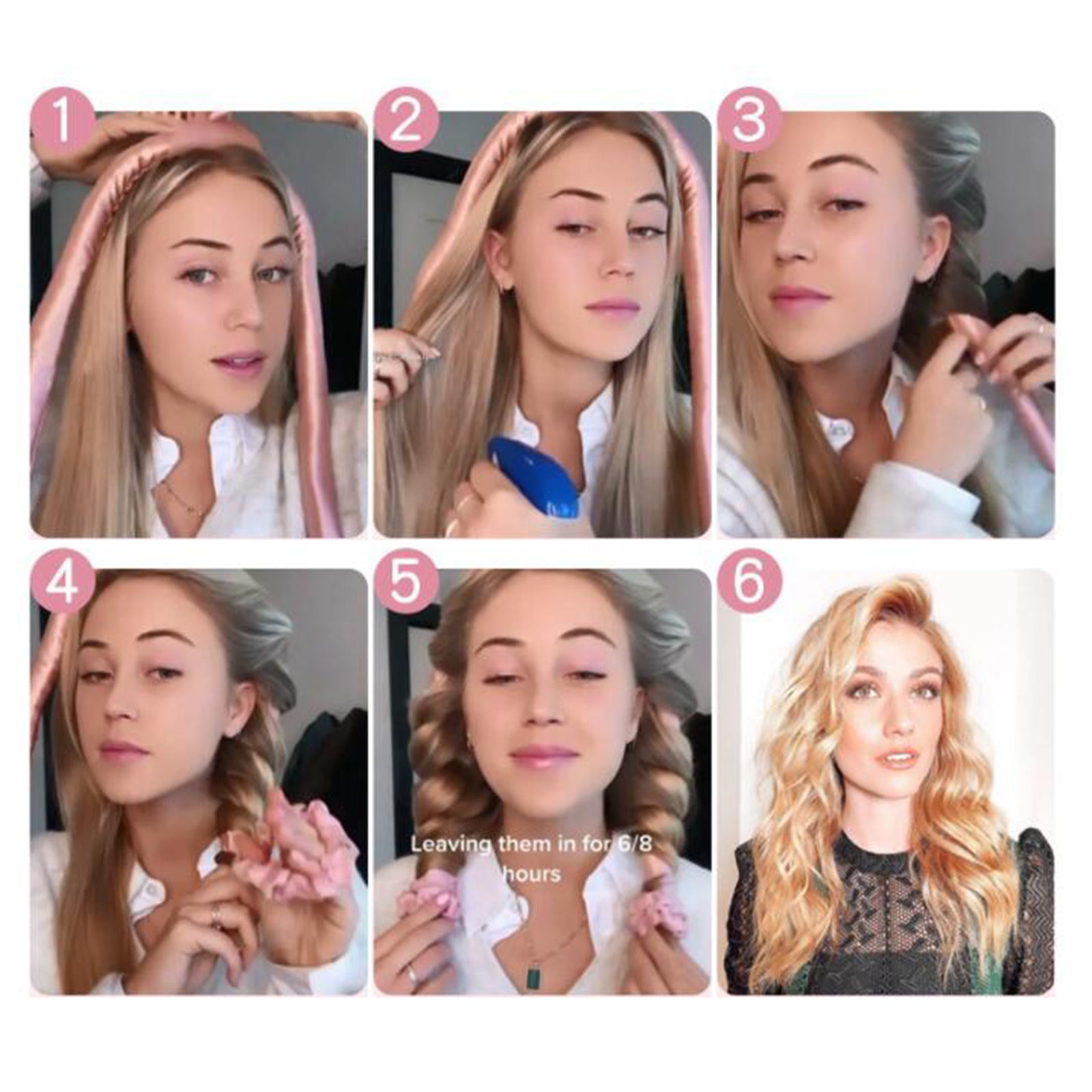 2Pcs Heatless Curling Rod Headband Silk Set Women Formers Hair Styling Pink