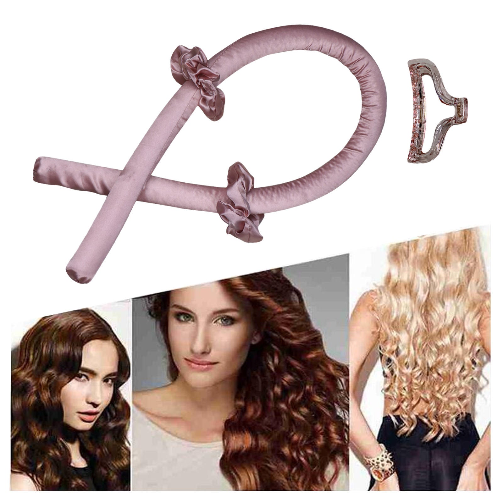 2Pcs Heatless Curling Rod Headband Silk Set Women Formers Hair Styling Pink