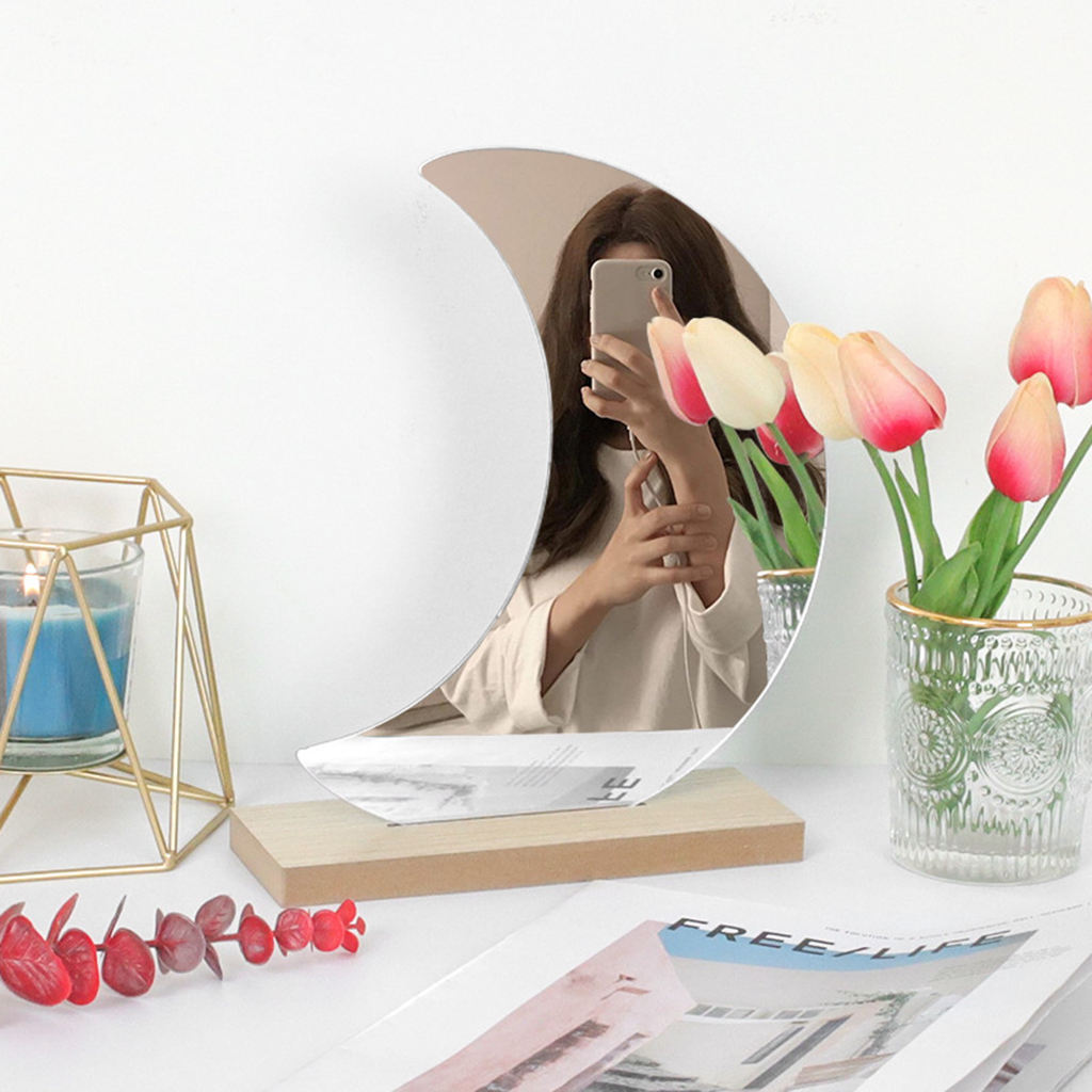 Irregular Acrylic Makeup Mirror Decorative Mirror Wooden Base for Bathroom I