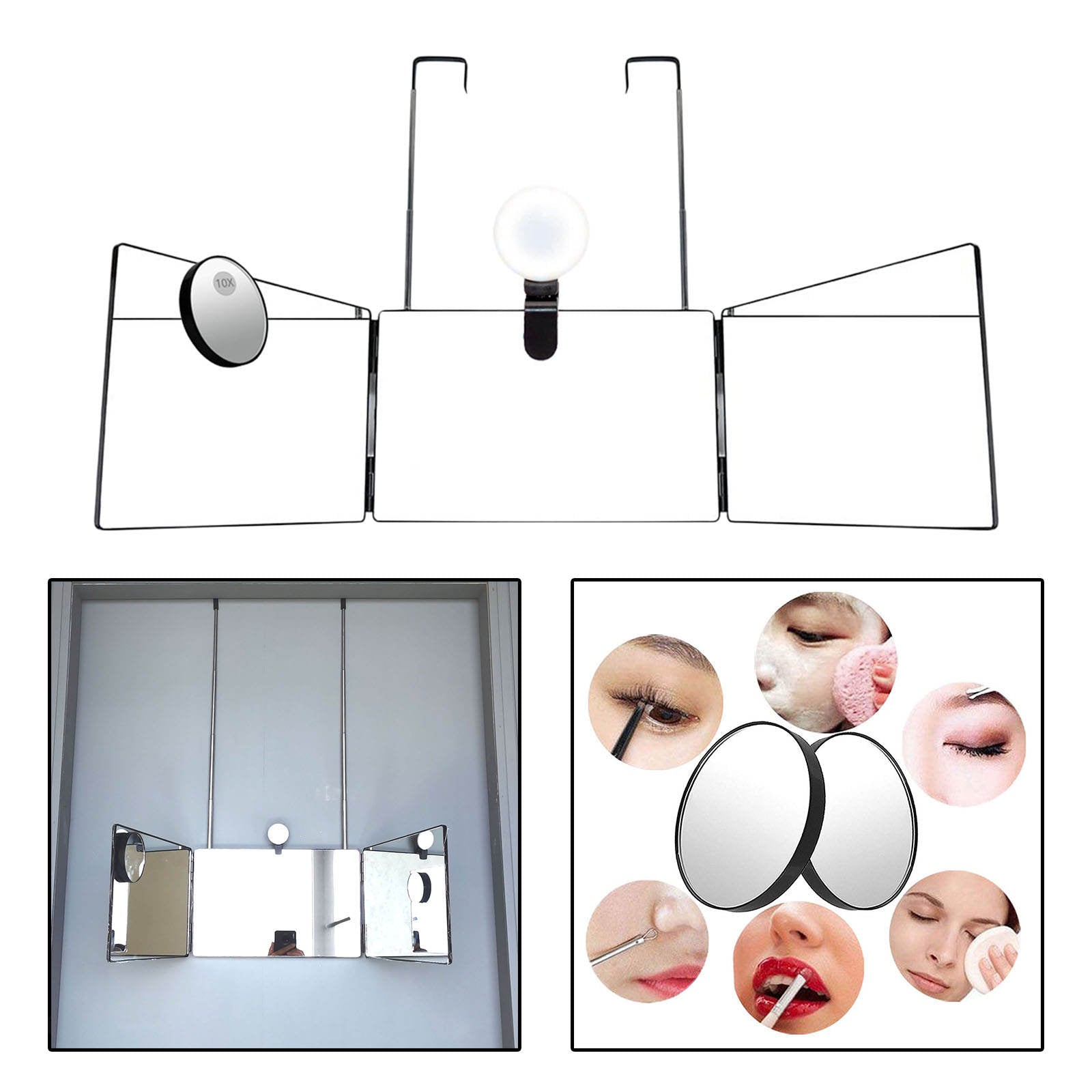 Hair Cutting Styling 3 Way Mirror with LED Lights Trifold Mirror DIY Haircut