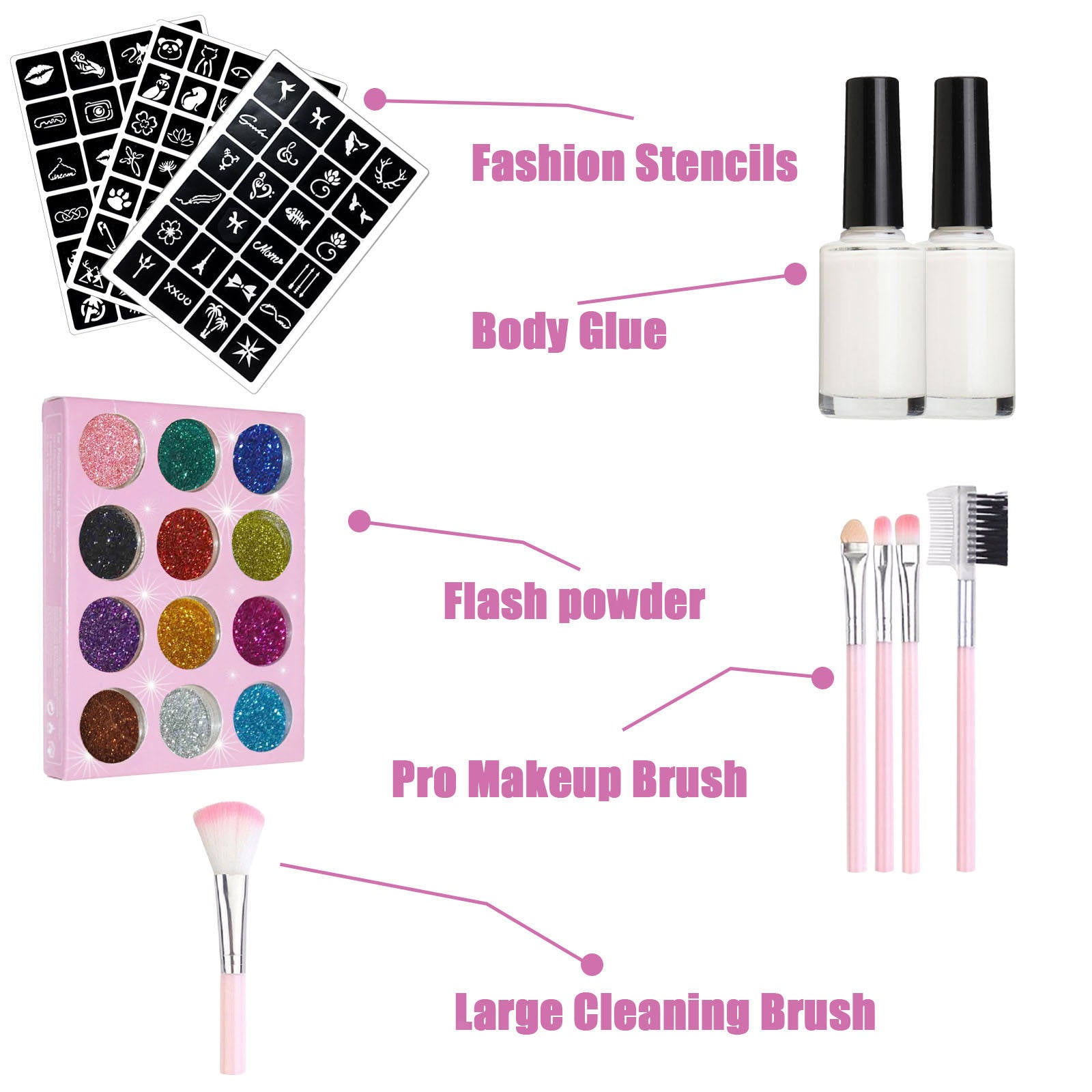 DIY Temporary Tattoo Kit 12 Colors Glitter Powder 72 PCS Stencil Glue Brush