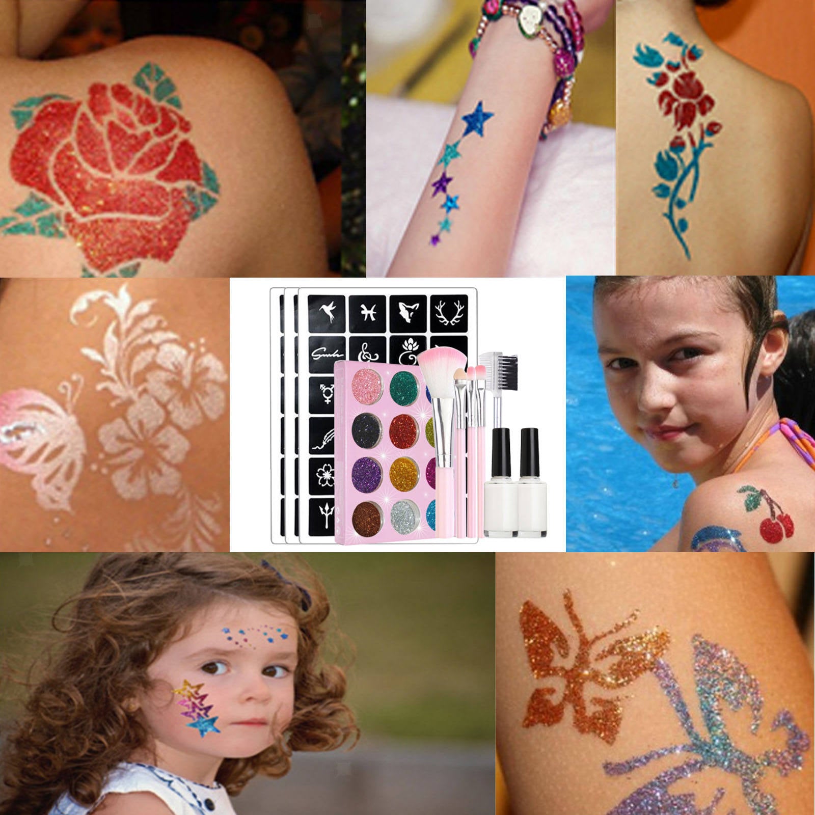 DIY Temporary Tattoo Kit 12 Colors Glitter Powder 72 PCS Stencil Glue Brush