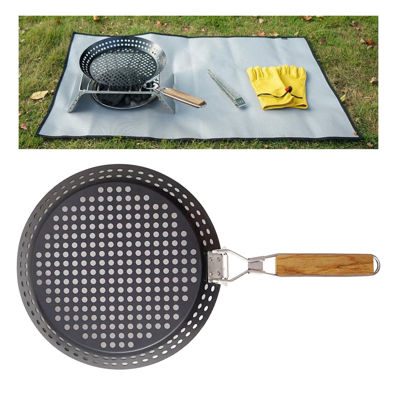 12" Round Outdoor Folding Grill Pan Camping BBQ Kitchen Tray Basket Fry Pan