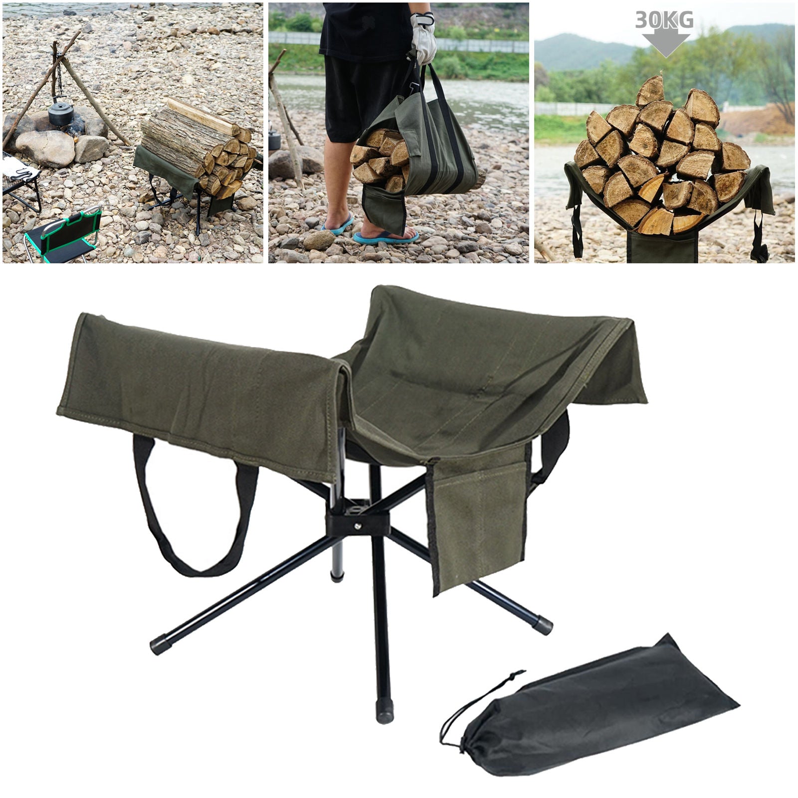 Firewood Log Carrier Tote Bag Handbag w/ Rack for Camping Picnic BBQ Outdoor