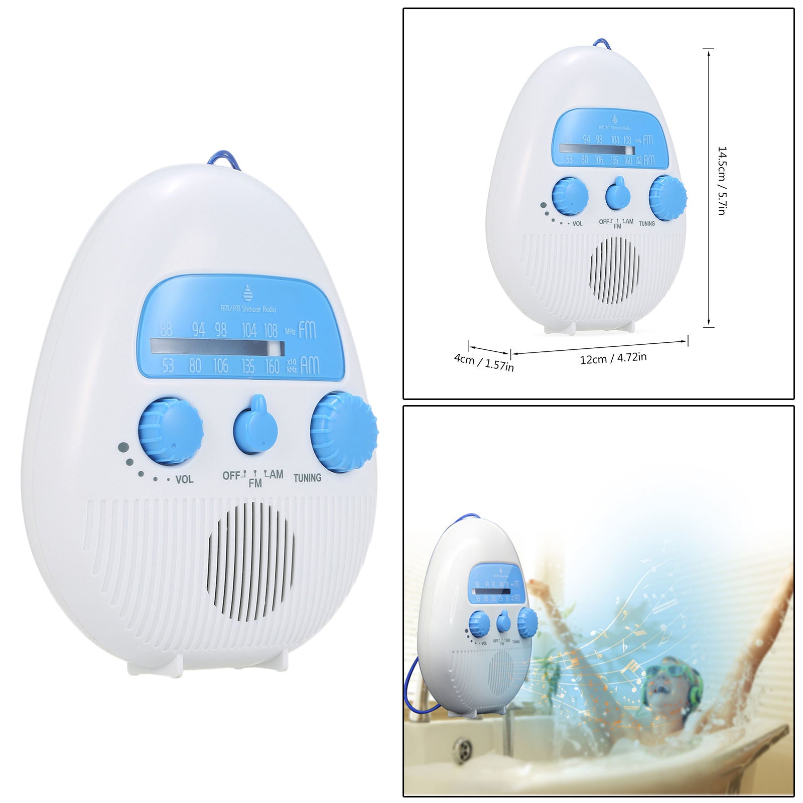 Portable Waterproof Shower Radio FM Top Handle Hanging For Outdoor Indoor