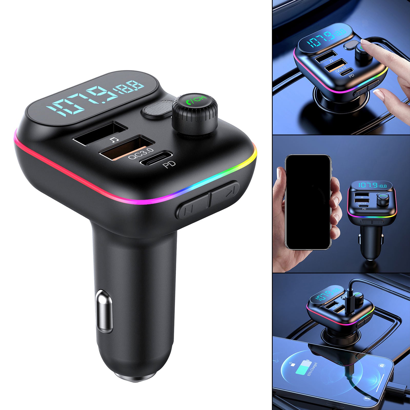 Car FM Transmitter USB QC3.0 MP3 Player Audio Adapter U Disk Playback