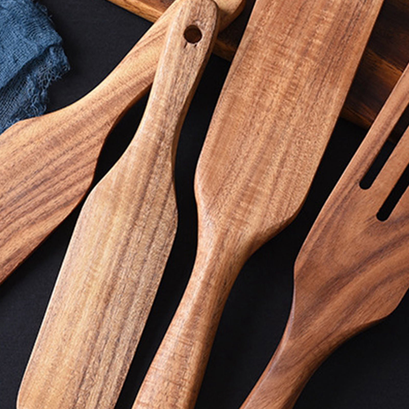 5Pcs Natural Teak Wood Slotted Heat Resistant Spatulas Spoons Set For Mixing