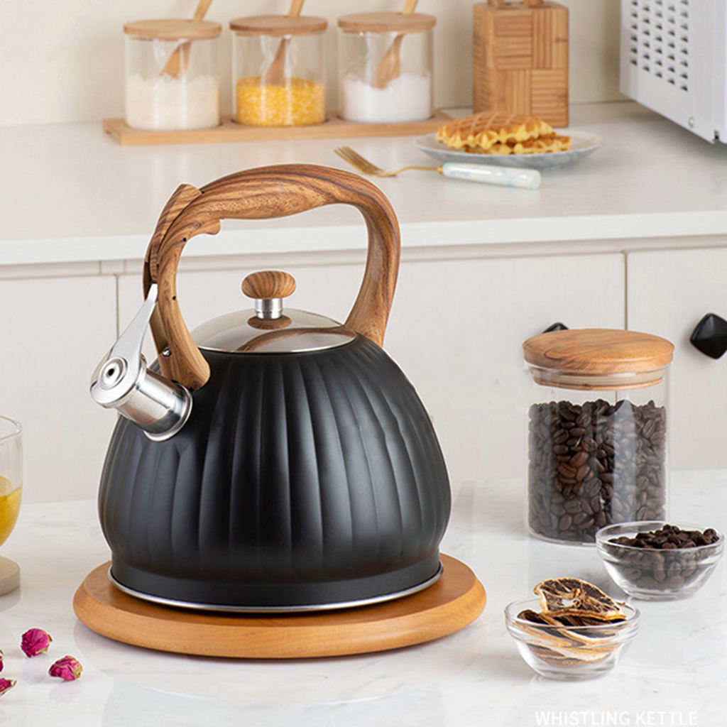 3.5L Black Whistling Tea Kettle Water Kettle Wood Grain Handle Loud Whistle