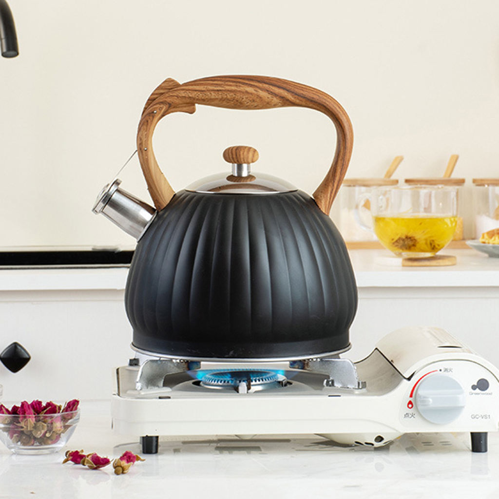 3.5L Black Whistling Tea Kettle Water Kettle Wood Grain Handle Loud Whistle