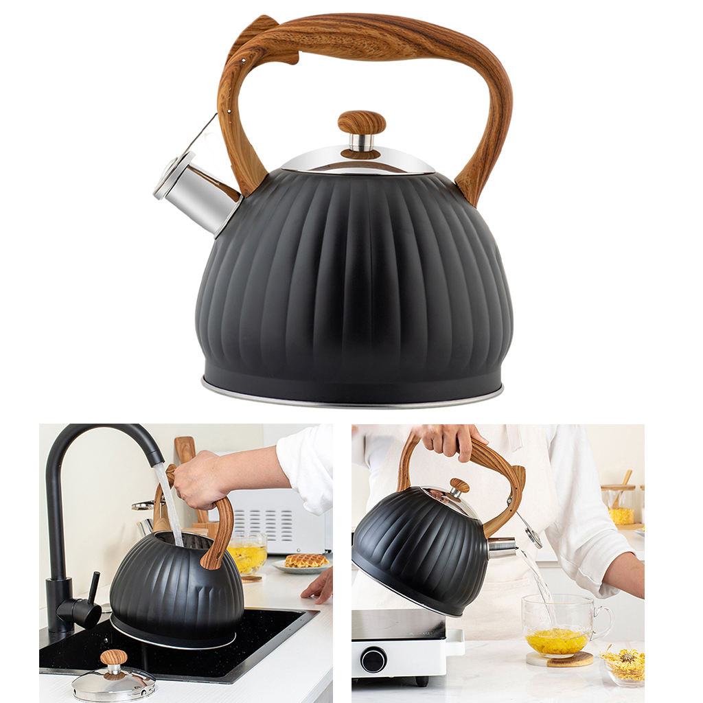 3.5L Black Whistling Tea Kettle Water Kettle Wood Grain Handle Loud Whistle