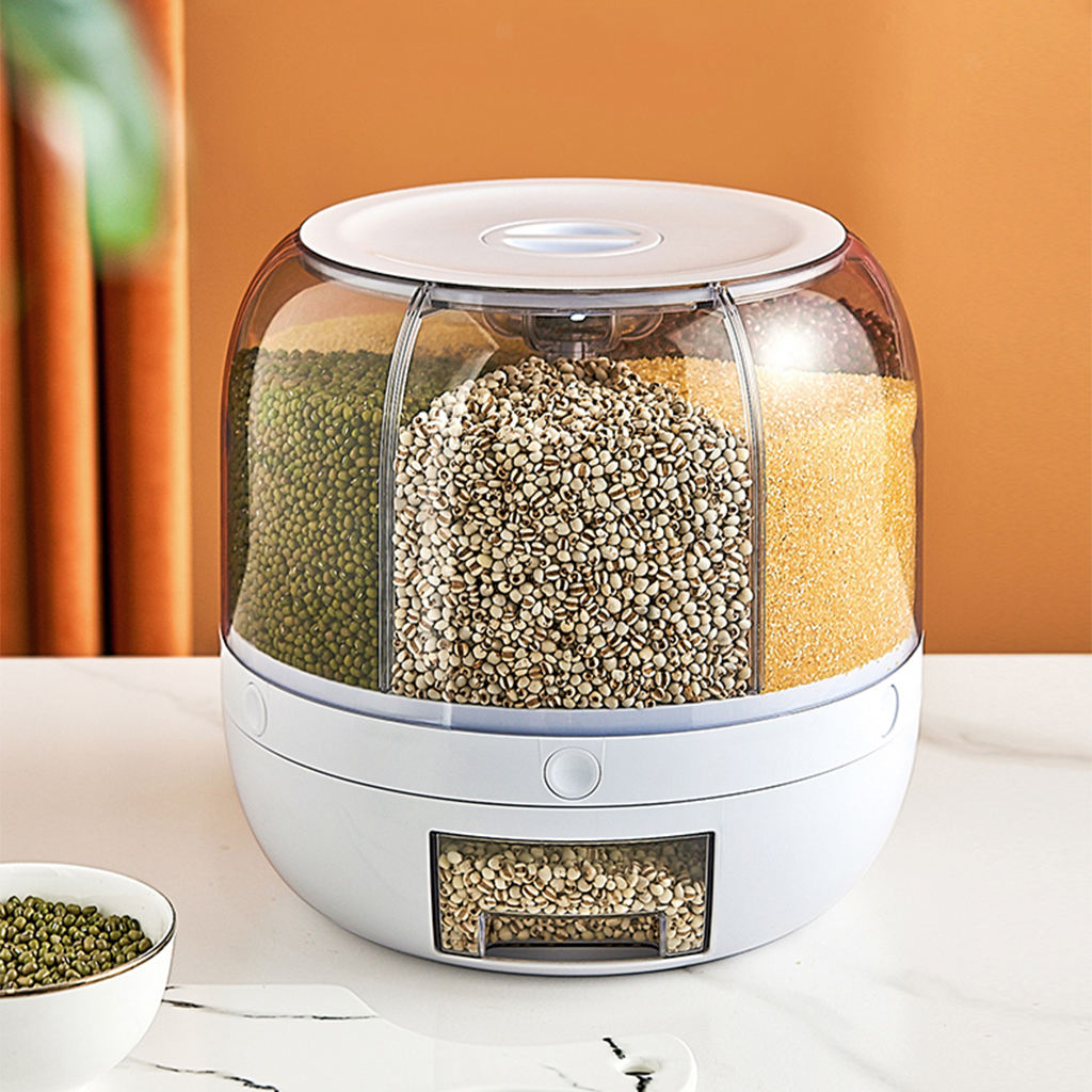 Rice Dispenser Countertop Cereal Storage Container Box 6-Grid Rotating
