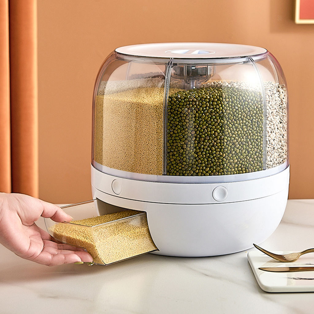 Rice Dispenser Countertop Cereal Storage Container Box 6-Grid Rotating