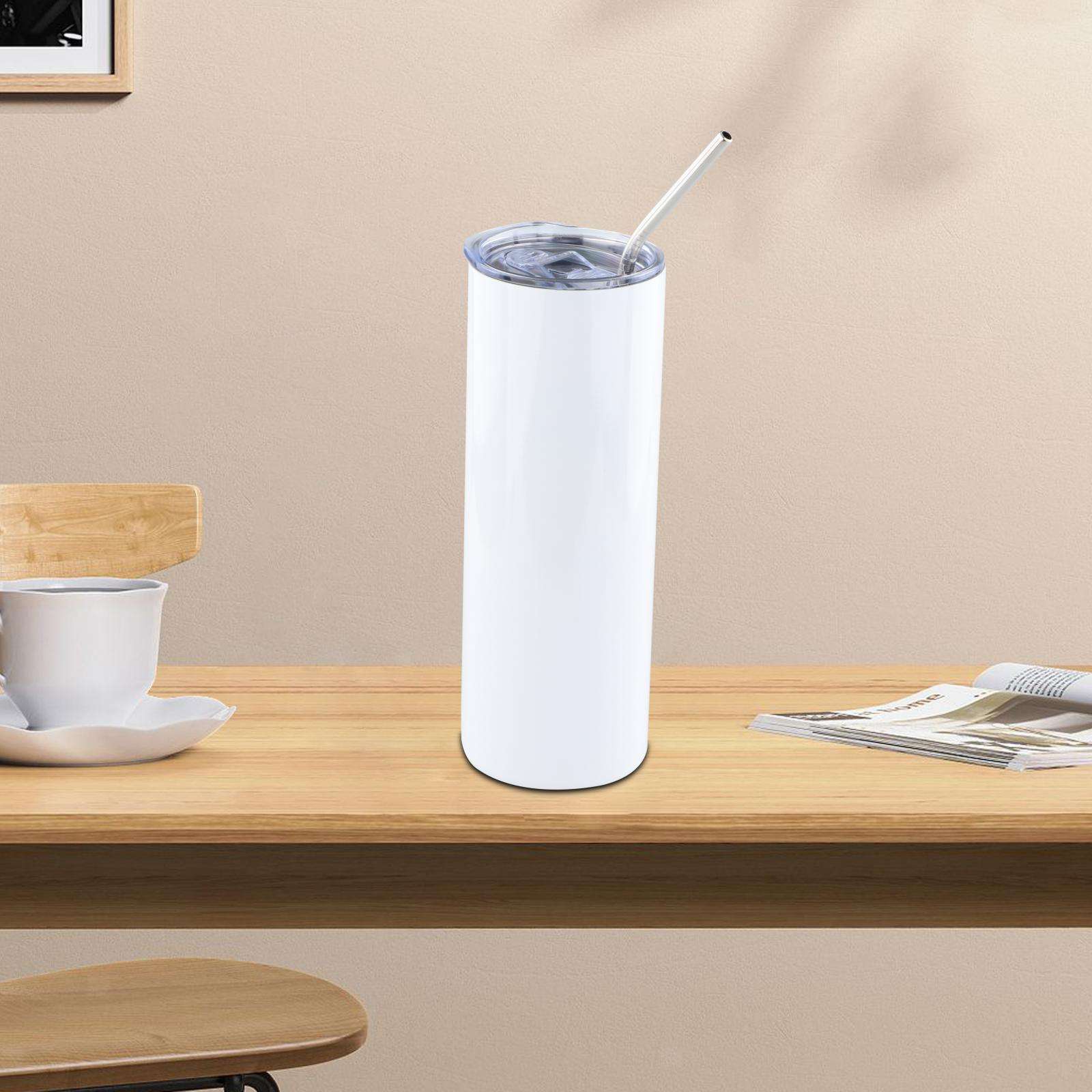 Straight Skinny Tumbler Set with Lid and Straw Durable White Stainless Steel
