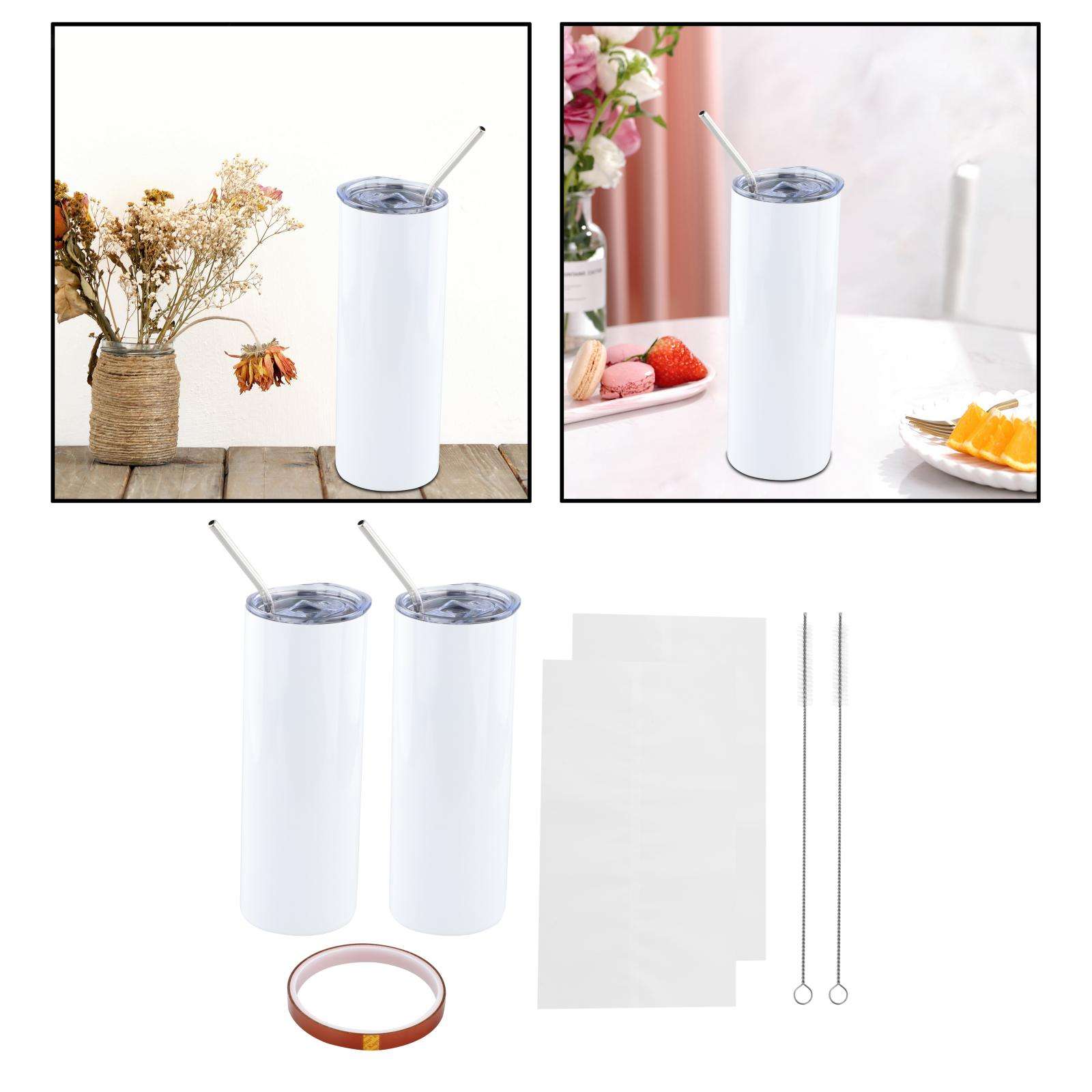 Straight Skinny Tumbler Set with Lid and Straw Durable White Stainless Steel