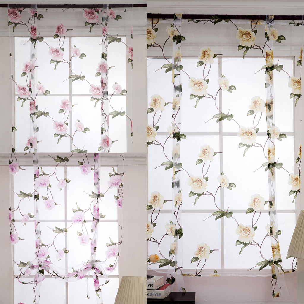 Elegant Floral Curtain Short Window Curtain Sheer Voile Drape 80x100cm