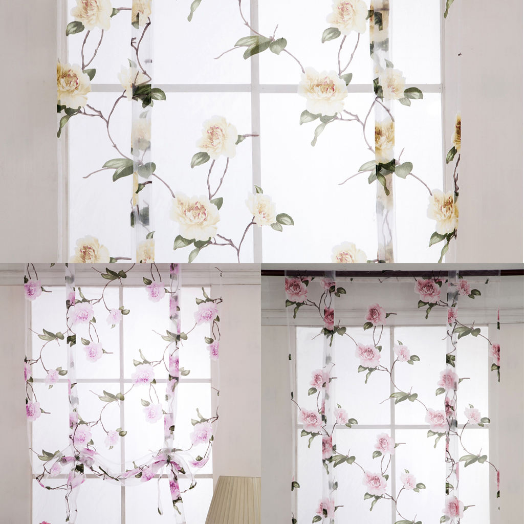 Elegant Floral Curtain Short Window Curtain Sheer Voile Drape 80x100cm