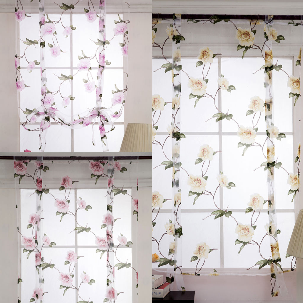 Elegant Floral Curtain Short Window Curtain Sheer Voile Drape 80x100cm