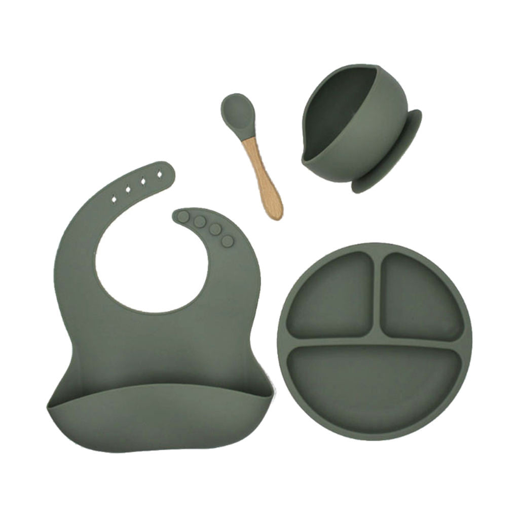 Soft Silicone Complete Baby Feeding Set with Plate Spoons Bib and Bowl Green