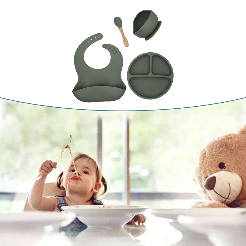 Soft Silicone Complete Baby Feeding Set with Plate Spoons Bib and Bowl Green