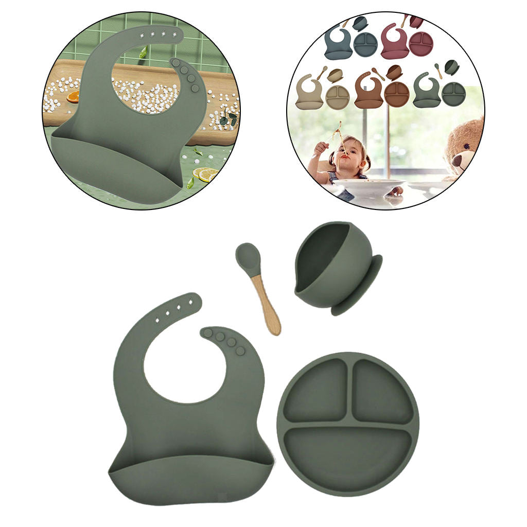 Soft Silicone Complete Baby Feeding Set with Plate Spoons Bib and Bowl Green