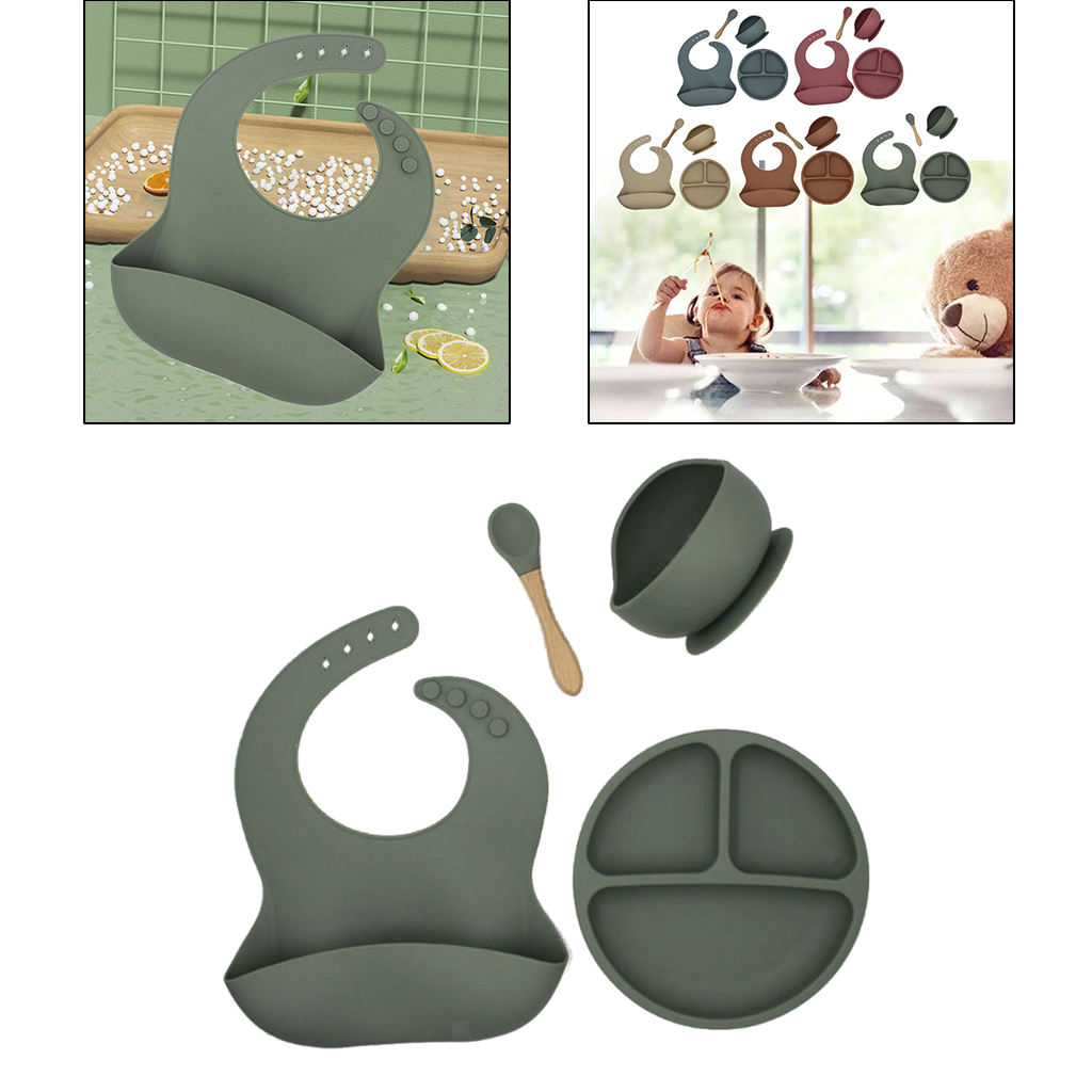 Soft Silicone Complete Baby Feeding Set with Plate Spoons Bib and Bowl Green