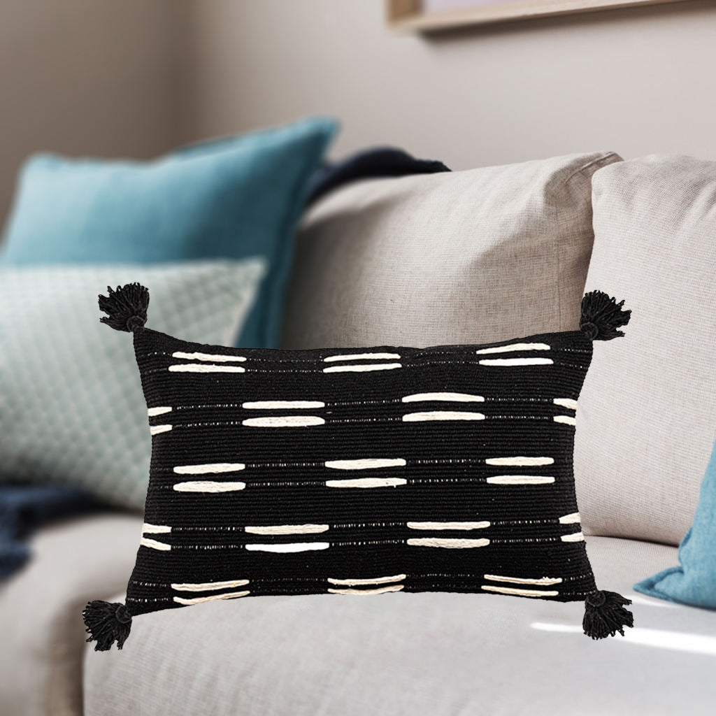 Tassels Invisible Zipper Living Room Couch Farmhouse Black Rectangle