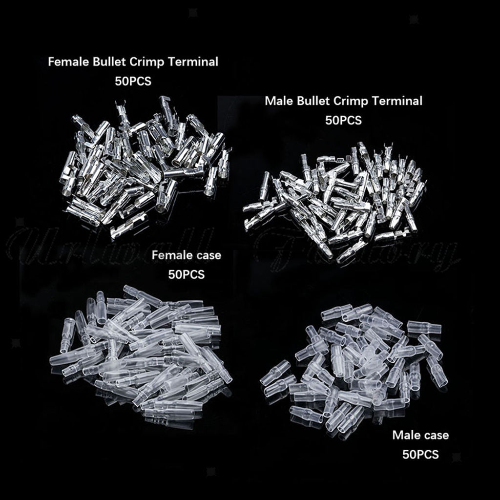200x 4mm Male + Female  Terminals Wire Connector W/ Insulating Sleeves