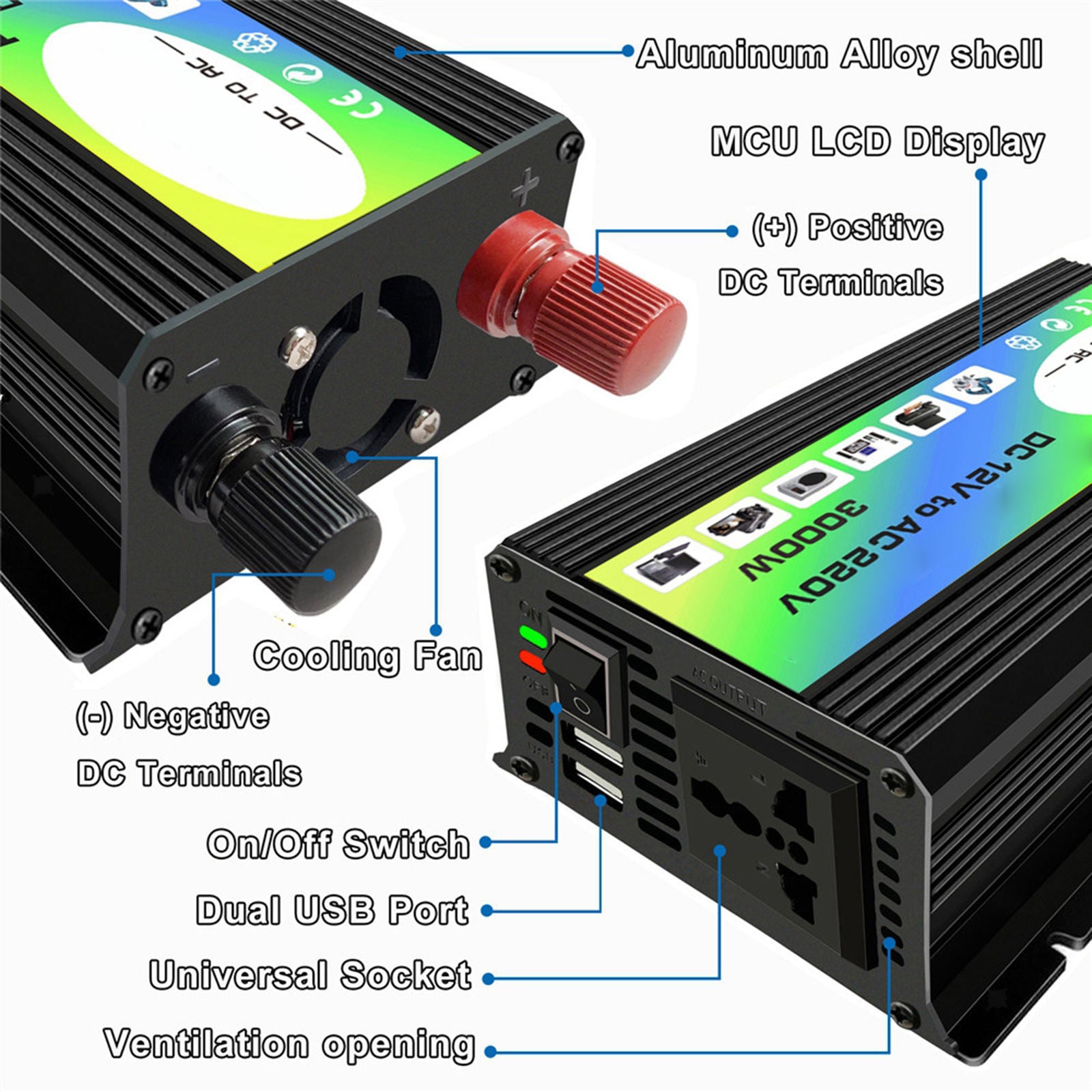 Inverter with 2 USB Charging Ports Car Adapter Camping Outdoor Black 110V C