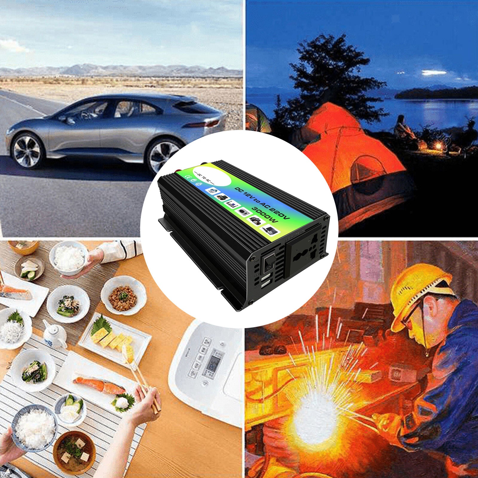 Inverter with 2 USB Charging Ports Car Adapter Camping Outdoor Black 110V C