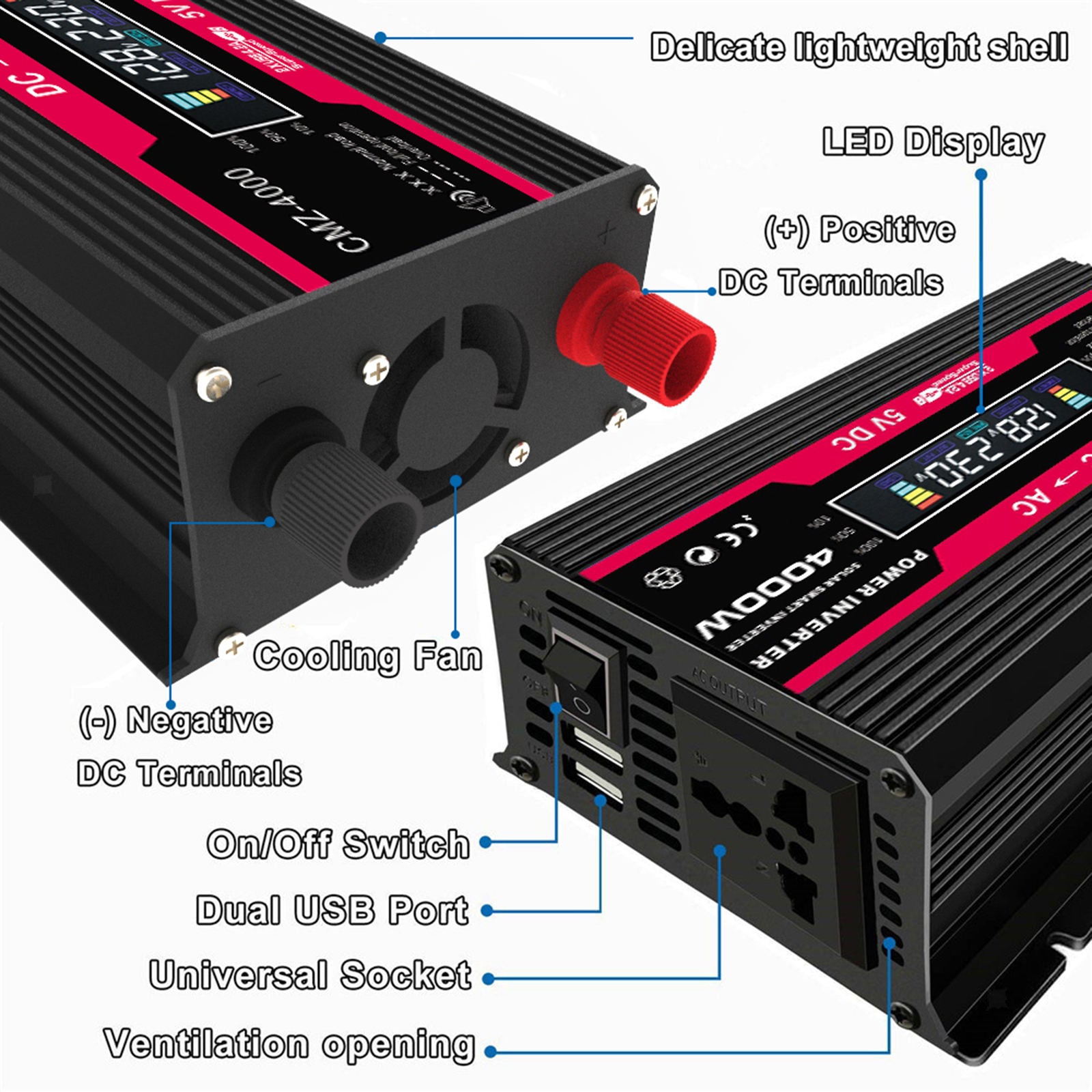 Power Inverter with 4.2A Dual USB and Lighter Charger for Outdoor Black 220V