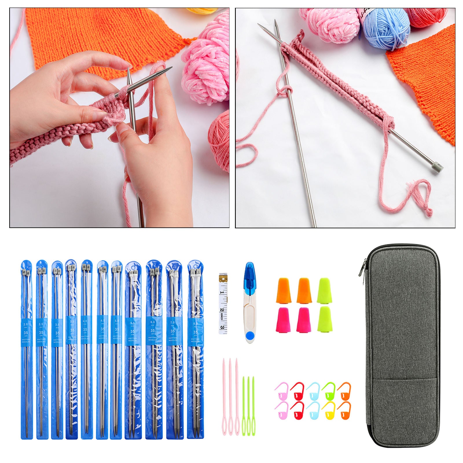 Knitting Needle Set 2-8mm Straight Needles Kits Measure Tape DIY Knit Yarn