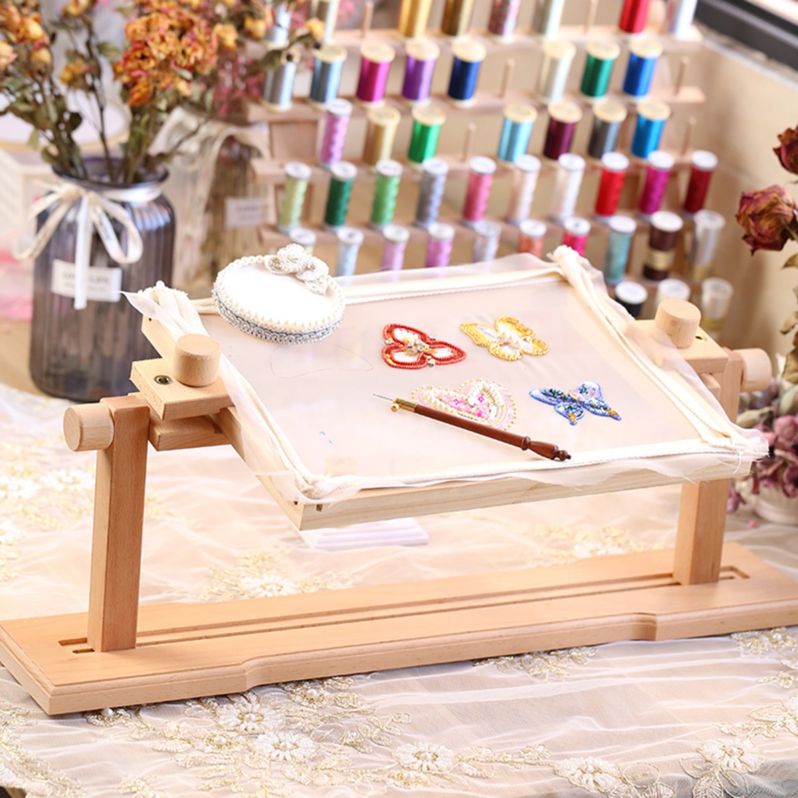 Portable Wooden Cross Stitching Tapestry Scroll Rectangle Needlework Frame